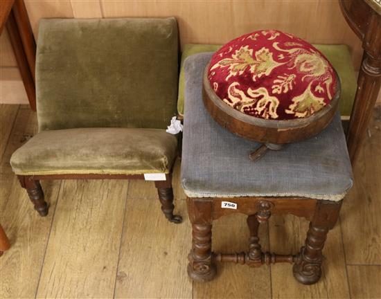 A Regency mahogany gout stool and two oak stools and another
